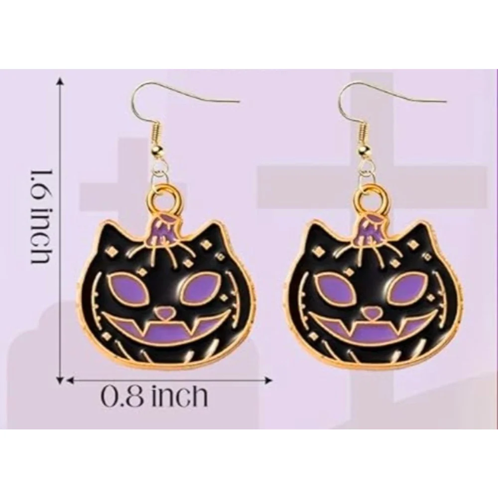 Women's Unbranded Black Purple Halloween Cat Pumpkin Dangle Earrings One Size
